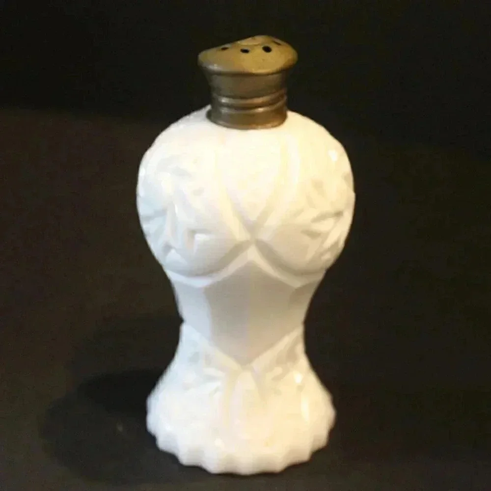 Antique Vintage Victorian Etched Pattern White Milk Glass Salt Shaker